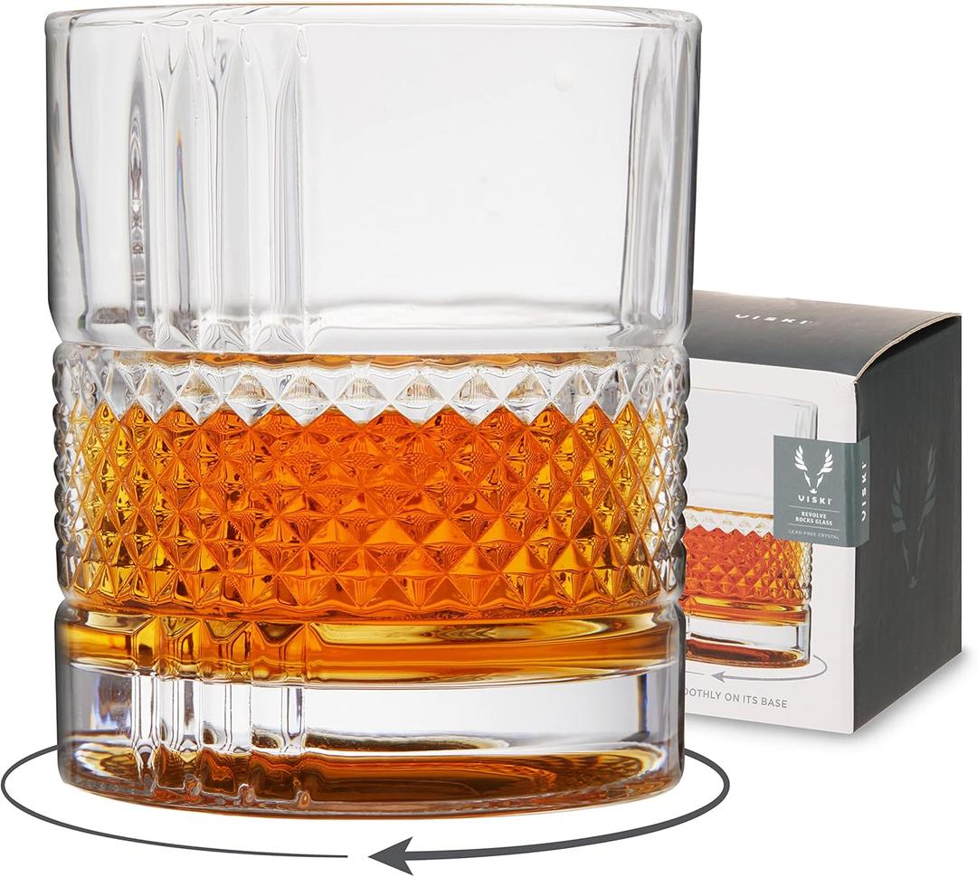 Viski Revolve Spinning Whiskey Glass, Unique Bourbon Glass, Old Fashioned Cocktail glass, Crystal Cut Scotch Glass, Set of 1, 10oz