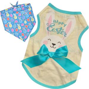 Small Dog Happy Easter Outfit Bunny Shirt & Bandanas Pet Cat Clothes Vest Yellow M