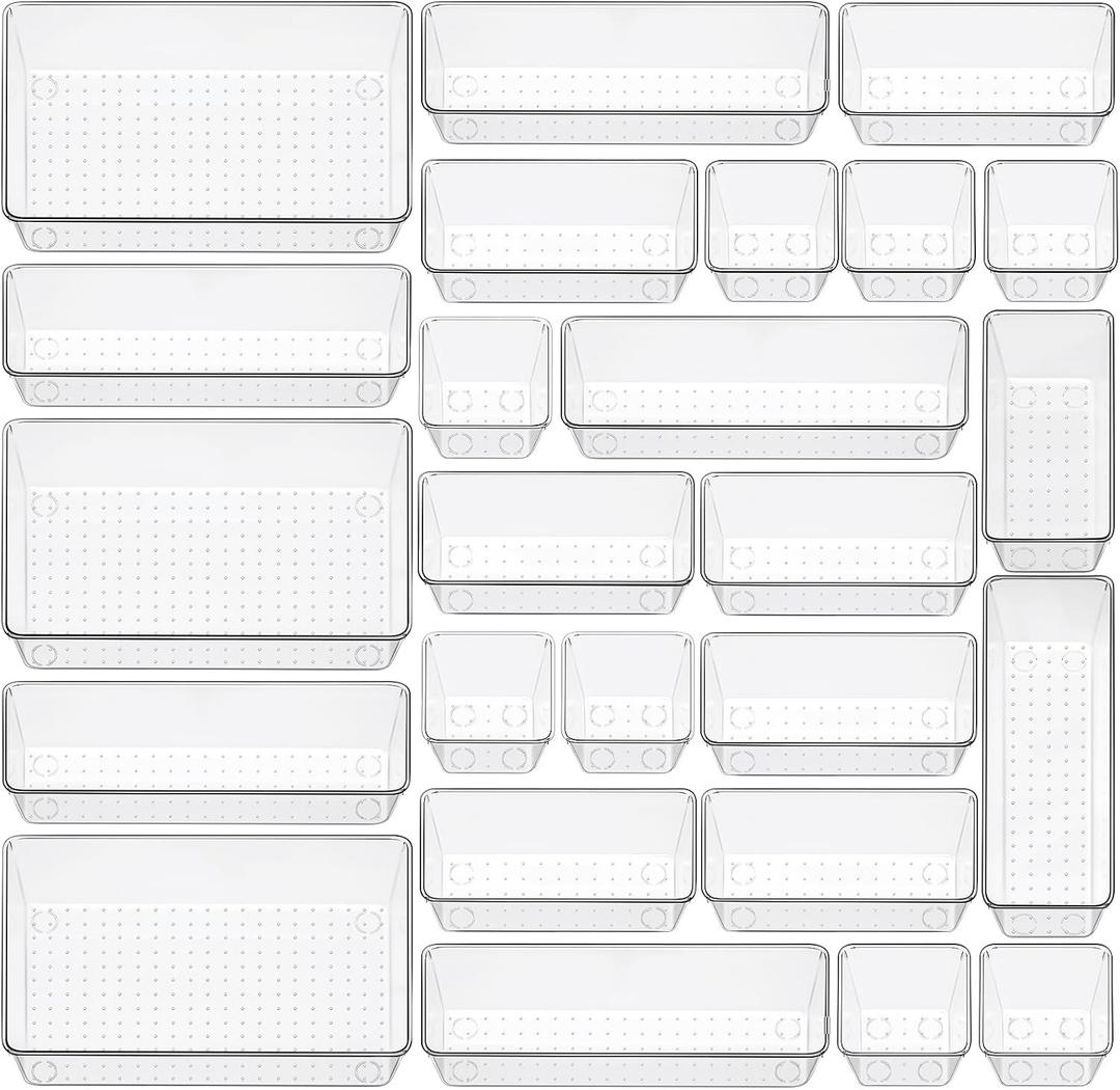 25 Piece Clear Drawer Organizer Set, 4 Sizes Bathroom Vanity Organizer Trays and Storage Bins for Makeup, Cosmetics, Jewelry, and Gadgets. Perfect for Office, Kitchen, Bedroom, Bathroom Use.