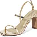 ALICEPUB Women's Chunky Block Heels Strappy Heels Square Open Toe Heeled Sandals Short Heels Comfortable Dressy Shoes Wedding Bridal Party (7.5, Gold)