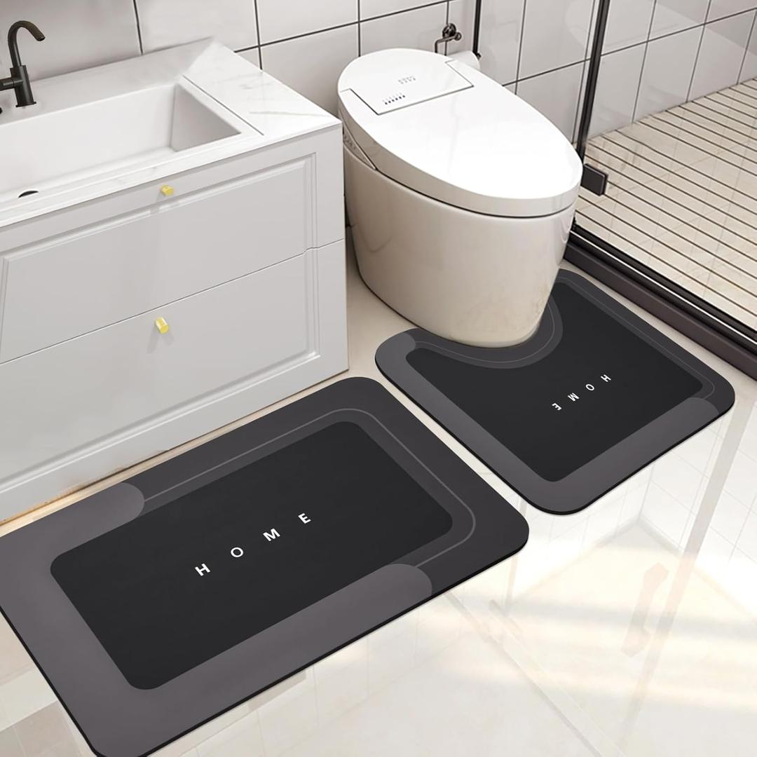3 x Housego 2PCS Absorbent Bath Mat Magic Rug Sets, Quick Drying Bath Mat Non-Slip Floor Rug Rubber Backed for Bathroom Kitchen Shower Sink, Water Absorbent (19.7''x31.9'', Black)