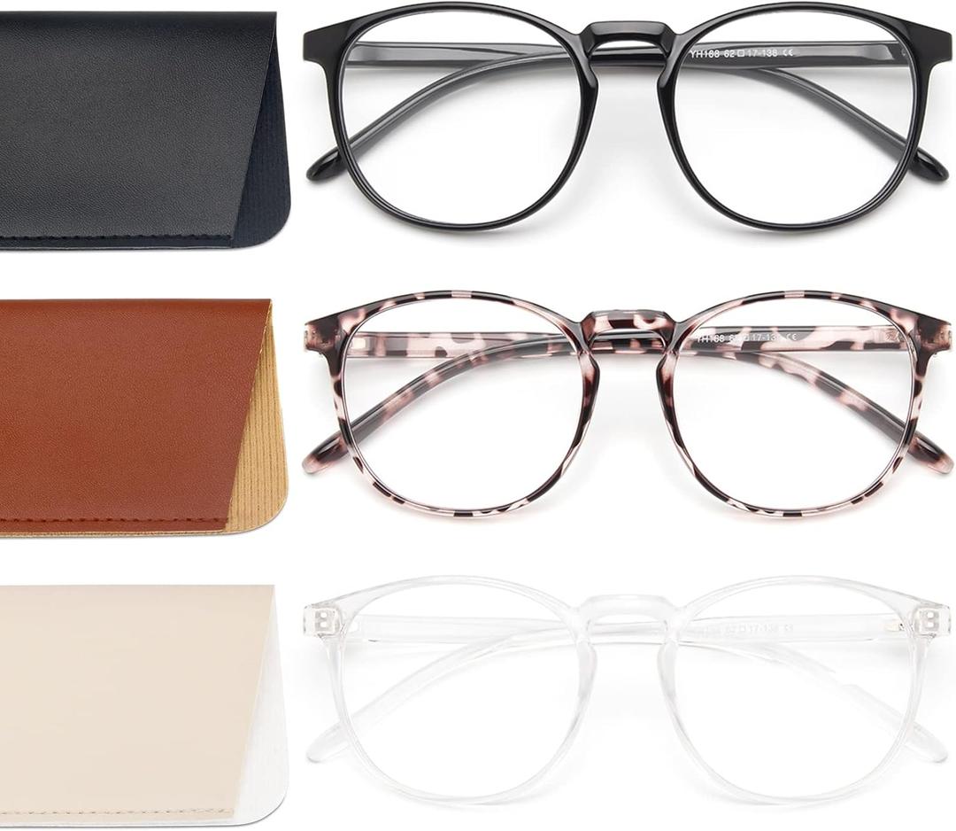 IBOANN 3 Pack Blue Light Blocking Glasses Women/Men, Round Fashion Retro Frame, Vintage Fake Eyeglasses with Clear Lens