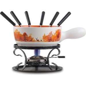 Artestia Swiss Fondue Set for Party - 2L Large Capacity Ceramic Fondue Pot Melting Cheese Chocolate, 6 Fondue Forks, Fondue Party, Wedding Gifts - Autumn Amble