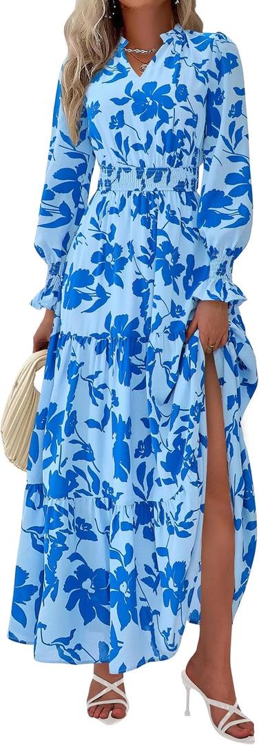 PRETTYGARDEN Women's Floral Maxi Dress 2026 Fall Long Sleeve V Neck A Line Long Flowy Spring Party Boho Dresses (Floral Light Blue) XL 
