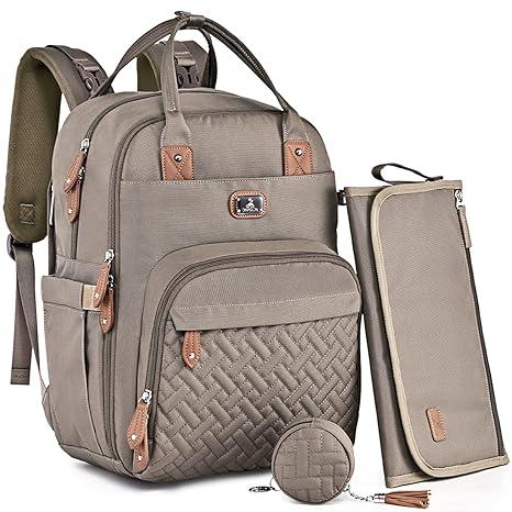 Dikaslon Diaper Bag Backpack with Portable Changing Pad, Pacifier Case and Stroller Straps, Large Unisex Baby Bags for Boys Girls, Multipurpose Travel Back Pack Moms Dads,Khaki