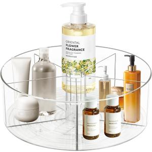 360 Rotating Makeup Organizer 11.5" Clear Turntable Lazy Susan Organizer for Vanity, Bathroom Counter, Pantry, Cabinet, Spinning Cosmetic Storage Holder with 5 Dividers for Skincare, Makeup Brushes