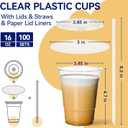 JOLLY CHEF 100 Pack 16 oz Clear Plastic Cups with Lids and Straws, Disposable Iced Coffee Cups with Lids for Smoothies, Milkshakes, Cold Drinks, Includes Paper Lid Liners