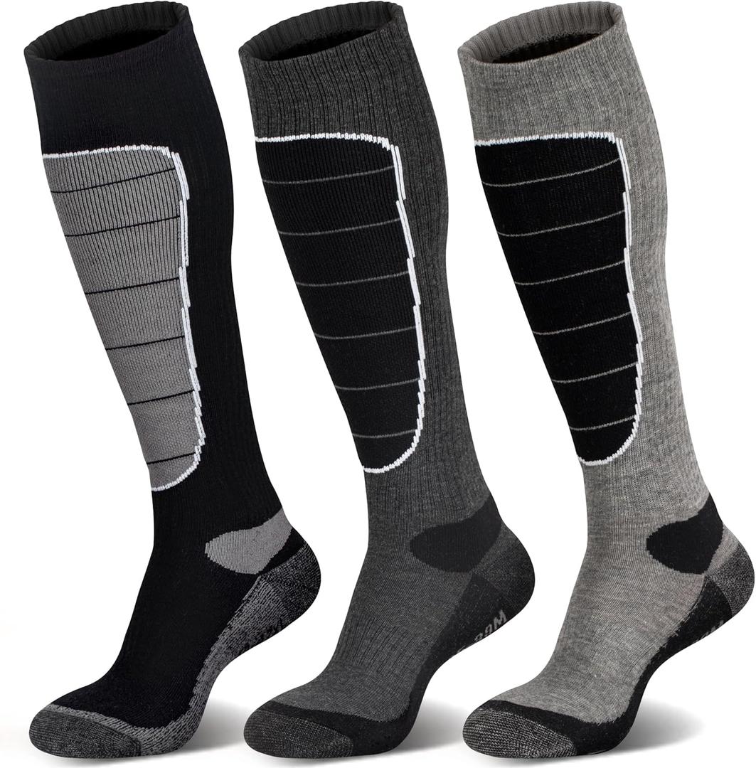 Hylaea Merino Wool Ski Socks, Cold Weather Socks for Snowboarding, Snow, Winter, Thermal Knee-high Warm Socks, Hunting (Medium, Black Dark Grey Grey (3 Pairs))