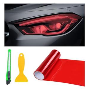 Suvnie 12 × 48 Inch Car Light Tint Film, Shiny Chameleon Headlights Tail Lights Fog Lights Films with Squeeze & Cutter, Self Adhesive Vinyl Film Sticker Sheet Roll Car Accessories (Red)