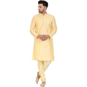 SKAVIJ Men's Art Silk Woven Design Kurta Pajama Set Ethnic Motifs Embroidered Party Dress (Yellow)