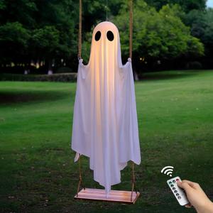 Halloween Decorations Outdoor - 5FT Large Hanging Ghost Swing with Remote Control String Lights & Upgraded Sheet, Scary Ghost Halloween Party Decor Outside for Tree Porch Yard Garden Lawn
