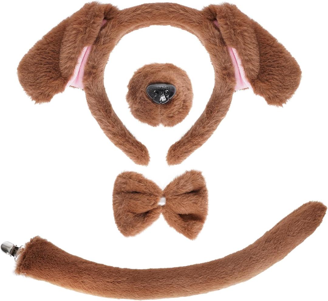 Jmkcoz 4 Pieces Animal Puppy Dog Costume Set Brown Puppy Dog Ears Headband Tail Nose Bowtie for Halloween Cosplay Dress Up Party