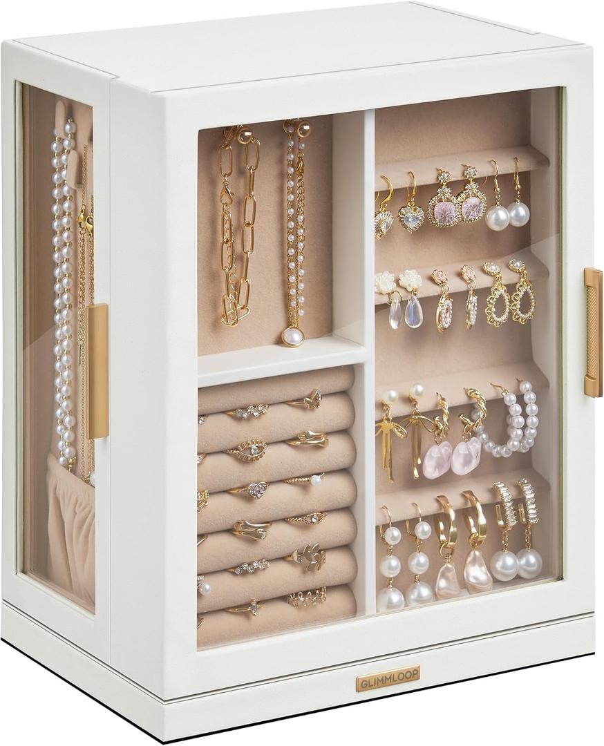 360 Rotating Jewelry Box with 5 Drawers, Spacious Vertical Jewelry Organizer with Glass Window, Jewelry Storage Case, Dustproof & Moisture-resistant Design, White