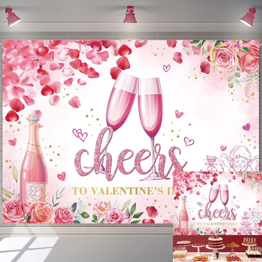 Valentines Day Backdrop Pink Flower Love Heart Glitter Dots Photography Background Valentines Day Party Decoration Supplies (7x5FT210x150cm)