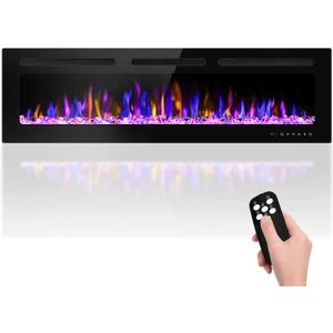 60" Electric Fireplace Wall Mounted and Recessed with Remote Control, 750/1500W Ultra-Thin Wall Fireplace Heater W/Timer Adjustable Flame Color and Brightness, Log Set & Crystal Options