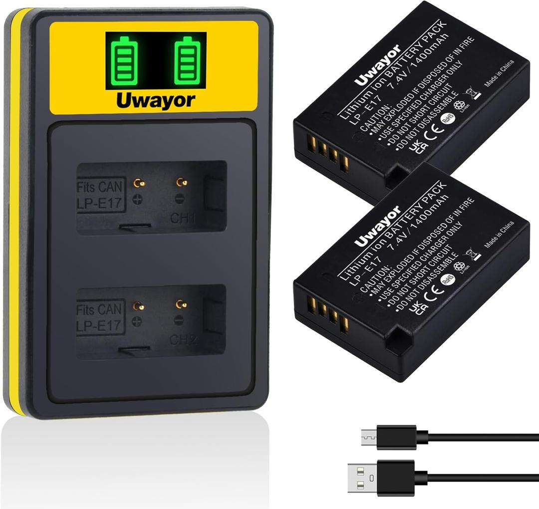 LP-E17 Battery and LCD Dual Charger Compatible with Canon EOSRP, R100, R50, R10, R8, Rebel T6i, T7i, T8i, T6s, SL2, SL3, EOS M3, M5, M6, 200D, 77D, 750D, 760D, 800D, 8000D Camera