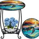 Cinnvoice Outdoor Side Table Round Small Mosaic Patio Accent Indoor End Plant Coffee Tea Table for Yard Patio Porch Garden Living Room, Bedroom(Turtle Style,18 Inch)