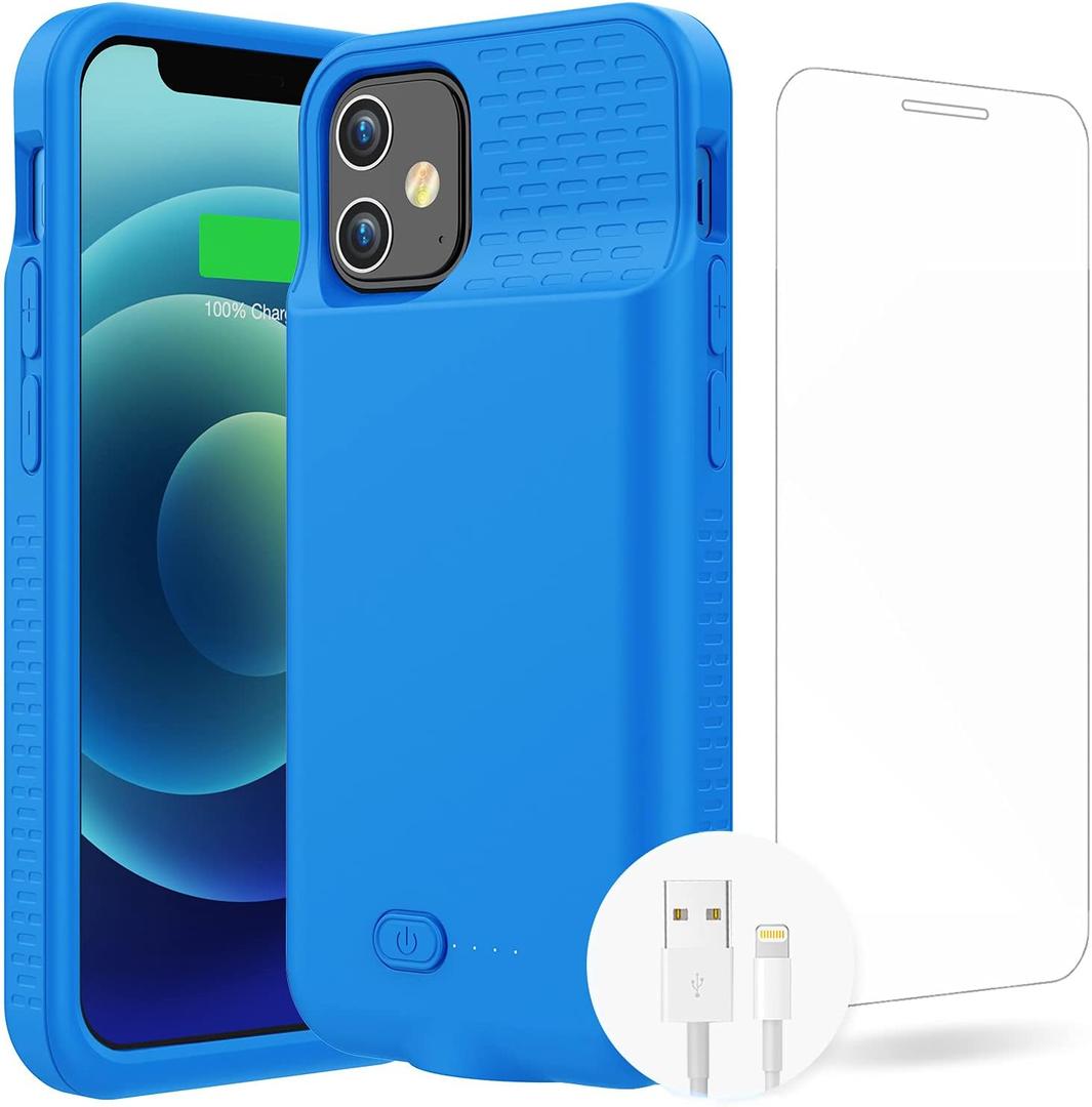 GIN FOXI Battery Case for iPhone 12 Pro Max, Real 7000mAh Ultra-Slim Battery Charging Case Rechargeable Anti-Fall Protection Extended Charger Cover for iPhone 12 Pro Max Battery Case(6.7 inch) Blue (For iPhone 12 Pro Max(6.7 inch) New)