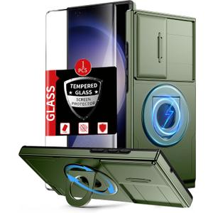 for Samsung Galaxy S23 Ultra Case Magnetic Compatible with MagSafe Wireless Charging,with Screen Protector,Built-in Stand Ring+Camera Cover Anti-Scratch Shockproof Heavy Duty Protection Green