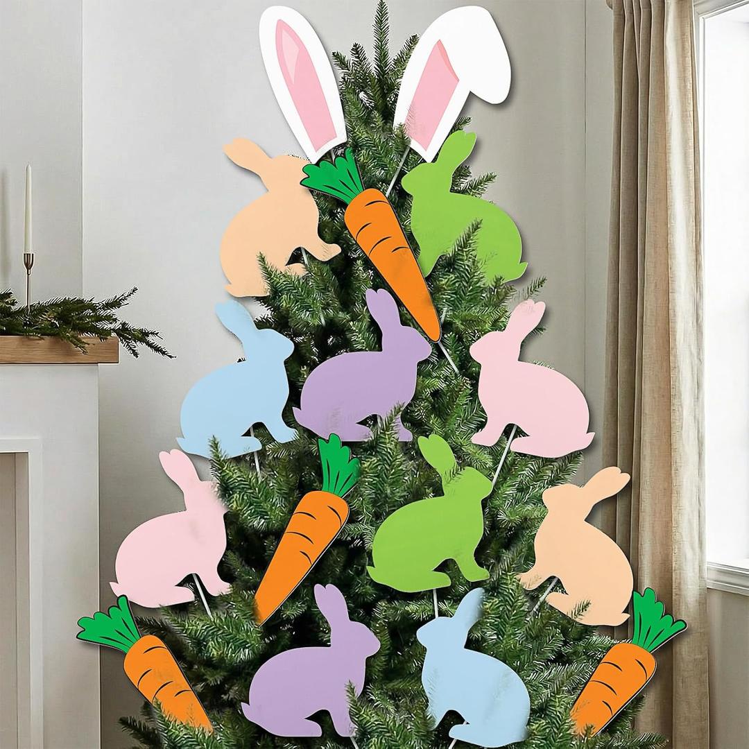 Norme 16 Pcs Easter Decorations Tree Picks Ornaments 8 Inch Large Colorful Rabbit Bunny Ear Carrot Tree Topper Decorations Colored Easter Rabbit Ornaments for Spring Party School Office Vase Decor