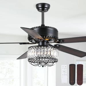 Farmhouse Ceiling Fans with Lights and Remote, 52 Inch Indoor Chandelier Ceiling Fan with Light, Crystal Fandelier Ceiling Fans for Living Dining Room Bedroom, Wood Blades, Quiet, Black