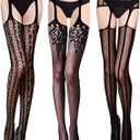 VERO MONTE Women Patterned Fishnet Tights Black Fishnets Net Stockings Pantyhose,  Color Black, Thigh High Modern Combo, Black, 3 Pairs 3 Styles