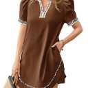 Wenrine Womens Puff Short Sleeve Mini Dress Casual V Neck Color Block Leopard Loose Beach Summer Dresses with Pockets,Large