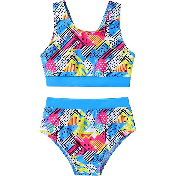 Girl's Tummy Control Two Piece Swimwear Top with Shorts Sport Bathing Suits, 10Y