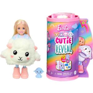 Barbie Chelsea Cutie Reveal Small Doll & Accessories, Blonde in Lamb Costume, 10 Suprises, Color Change (Styles May Vary) (Pink-streaked)