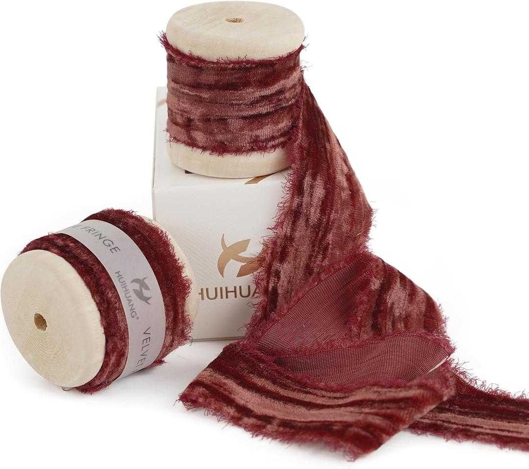 HUIHUANG Rust Red Velvet Ribbon 1 inch Frayed Silk Velvet Ribbon Fringe for Gift Wrapping, Floral Bouquets, Ornaments Crafts, Christmas Tree Decoration, Wreaths, Wedding Decor