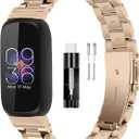 FitTurn Bands Compatible with Fitbit inspire 3 Metal Stainless Steel Watch Band Replacement Classic Durable Solid Link Accessory Buckle Metal Strap Wrist Band for inspire 3 Fitness Wellness Tracker (Champagne)