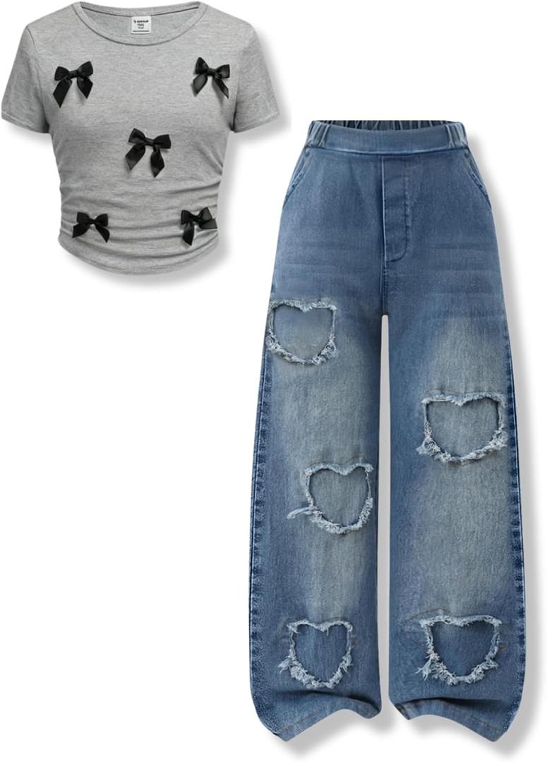 Size 13-14 Years Girls 2 Piece Outfits Bow Short-Sleeved Top and Jeans Pants Clothing Set