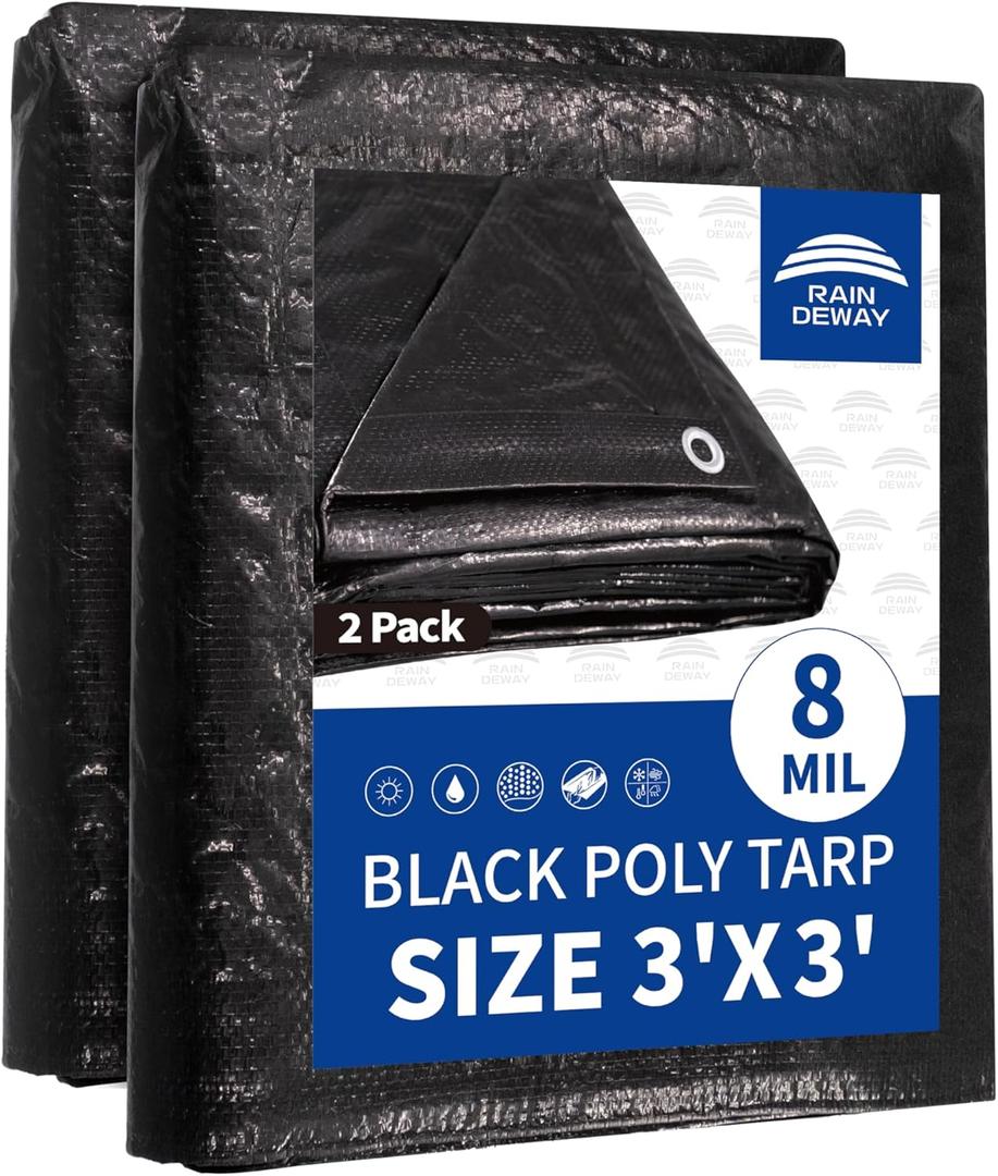 RAINDEWAY Small Black Tarp 3x3 Feet (2 Pack),UV Resistant, Multipurpose Medium Duty Waterproof Poly Tarps, Tent Tarp,Cover with Metal Grommets and Reinforced Edges, Finished Size