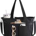 Corduroy Tote Bag for Women, 17 Pockets Laptop Work Tote Bag Lightweight Teacher Nurse Bible Bag for School Travel | with 40oz Cup Holder, Multi Compartment, Zipper Crossbody Bag, College Shoulder Bag, Daily Purse w/ Strap, Ideal Gift for Women (Black)