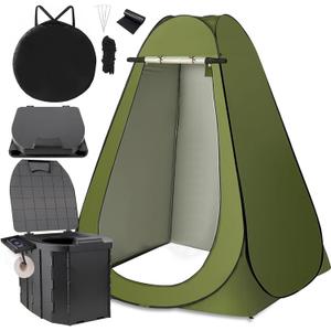 Portable Toilet Kit, Larger Size Portable Camping Toilet with Pop-Up Privacy Tent and Poo Gel Toilet Bags, Width of 4.93 Feet Tent Washable Outdoor Showers Changing Rooms, Green 