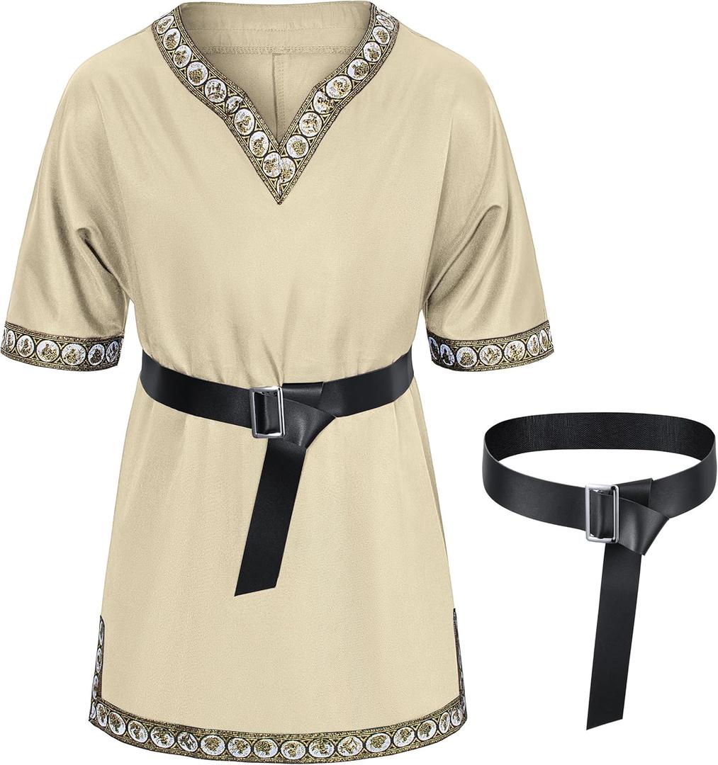 Kids Medieval Costume Boys Viking Tunic Knight Warrior Renaissance Shirts with Belt (10-12 Years, Beige)