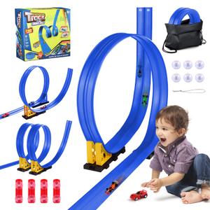 Flexible Race Car Track for Kids - 15 Ft Race Track Toy with Suction Cups, Roll-Up Portable DIY Racetrack Compatible with 1/64 Diecast Cars, Birthday Christmas for Boys Girls Ages 3+
