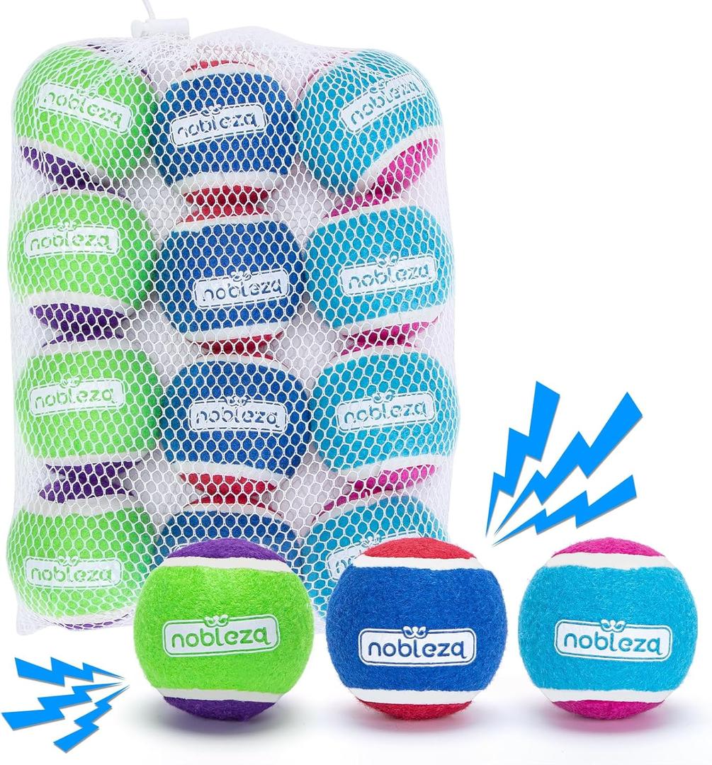 Nobleza Dog Tennis Balls 12 Pack, Durable Bouncy Floatable Squeaky Tennis Balls for Dogs for Fetch & Exercise, Training Interactive Natural Rubber Squeaky Dog Ball for Small Medium Dogs, 2.5in (2.5 in - Moderate Chewer, Mix Color)