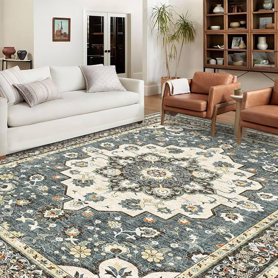 10x12 Washable Area Rug for Living Room - Non-Slip Vintage Rugs Green Blue