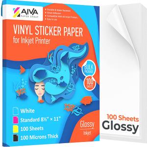 Printable Vinyl Sticker Paper - Waterproof Decal Paper for Inkjet Printer - 100 Self-Adhesive Sheets - Glossy White - Standard Letter Size 8.5"x11"