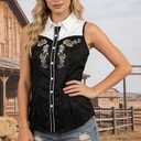 SFHFY Western Sleeveless Button Down Shirts Women Retro Cowgirl Tank Cowboy Boots Blouse Casual Summer Vacation Top (Black, XL)