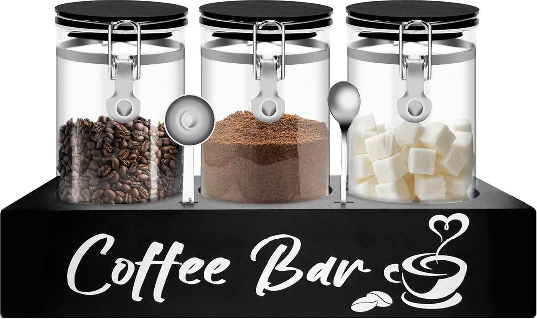 Glass Coffee Containers with Shelf Coffee Station Organizer 54oz Black Glass Coffee Bean Storage Canister with Spoon Coffee Canister Set Kitchen Food Storage Jars for Coffee/Sugar/Candy