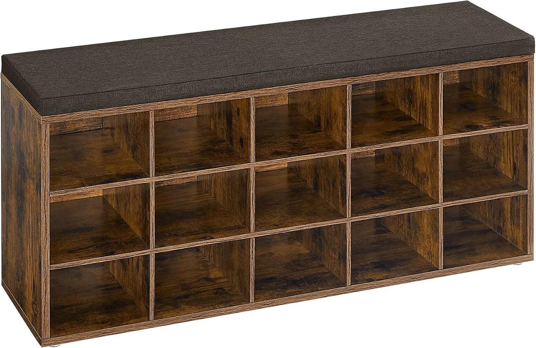 VASAGLE CUSTOS Collection - Shoe Bench, Storage Bench with Padded Seat, Entryway Bench with 15 Compartments, for Bedroom, 11.8 x 41.3 x 18.9 Inches, Rustic Brown and Chestnut Brown ULHS15BX, 15 Cubbies