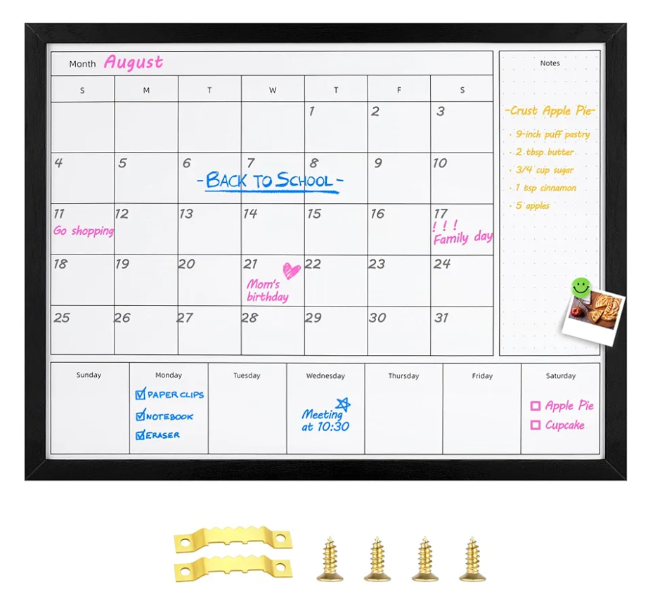 3-in-1 Dry Erase Calendar for Wall, 31.5x23.6 inches Magnetic Surface Monthly & Weekly Planner Whiteboard, Dry Erase Board with Black Wood Frame, Hanging White Board Calendar(YL+ZL-BK,6080)