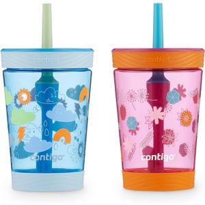 Contigo Kids Spill-Proof Tumbler with Straw 14 oz. Pack of 2 (Dragonfruit Wildflowers & Blue Poppy Clouds)
