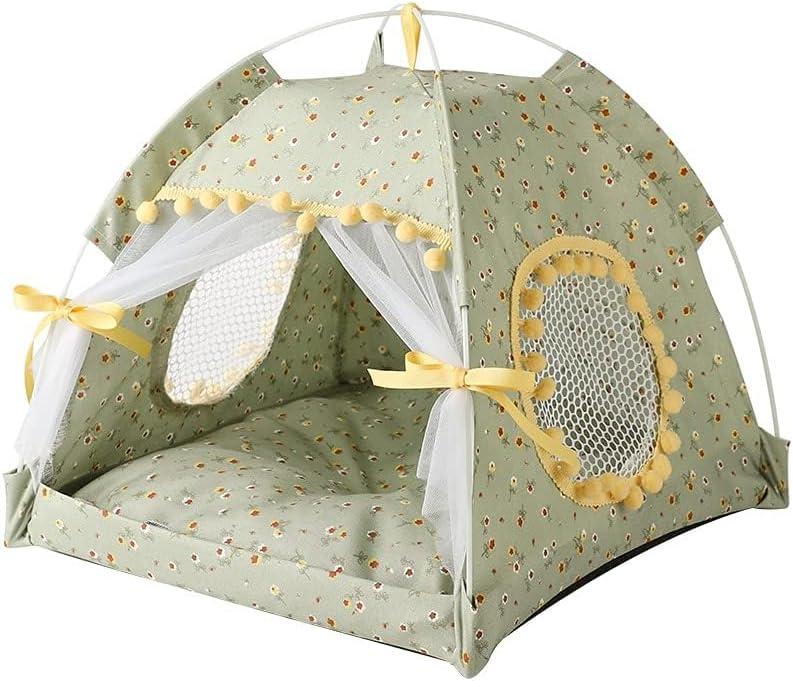 Cat Bed Tents Dog House Indoor Outdoor Lace Mesh Breathable Windows Door Curtains Removable Portable Nest Teepe House (Small,Green&Yellow)