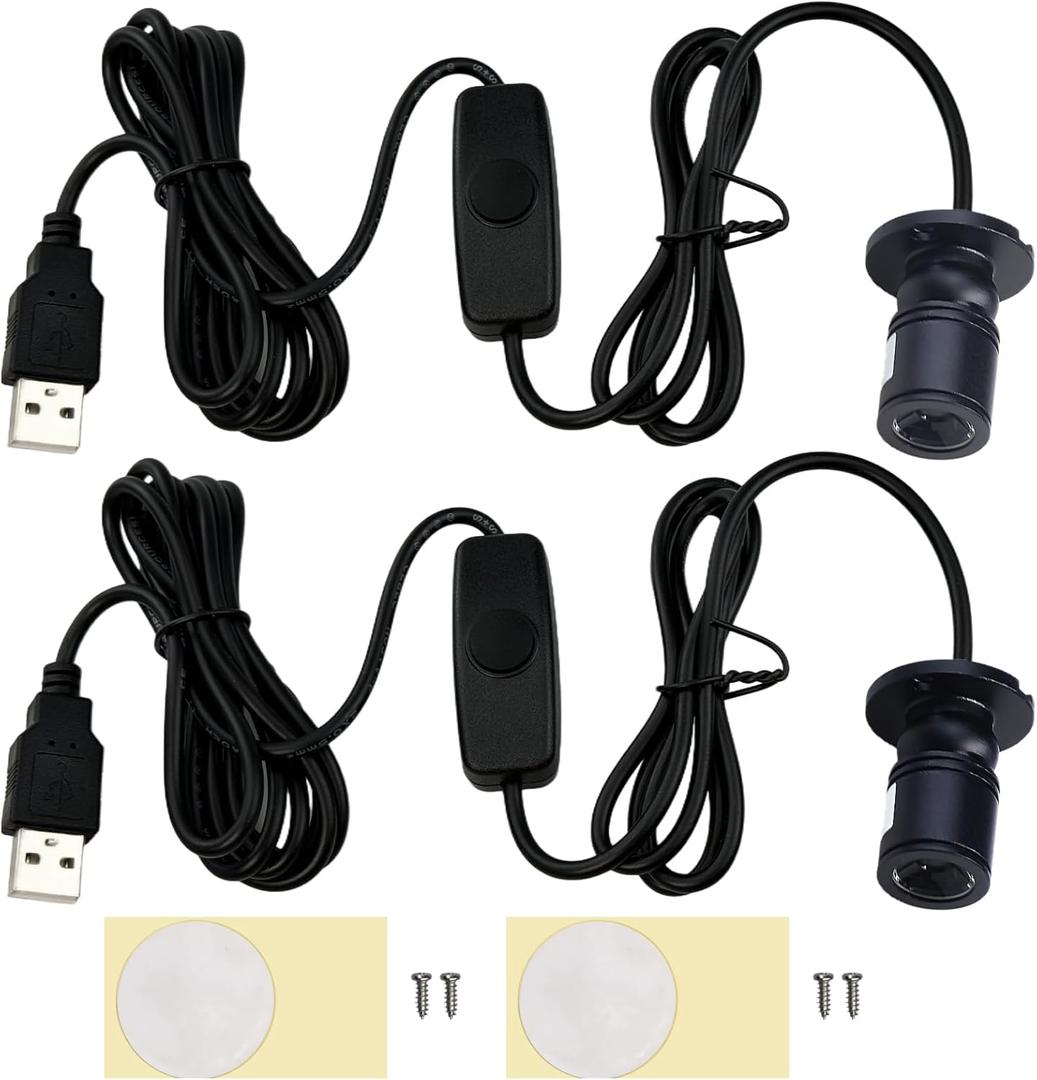 2Pcs LED Spotlight, 6.6 Ft 5V 1W Rotatable Dimmable Mini USB Spot Light with Adhesive, Fit for Cabinet Porch Painting Picture Plants Jewelry Showcase Model Display Shelves (Natural Light 4000K)