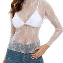 MEROKEETY Womens 2026 Mesh Sheer Lace Long Sleeve Top Sexy Y2k Mock Neck See Through Shirt Blouses Size 2XL