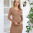 VICHYIE Women Square Neck Ribbed Bodycon Tight Dress Long Sleeve Mid Thigh Pencil Above Knee Dresses (Beige, XL)