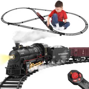 Train Set with Remote Control, Electric Train Track Around Christmas Tree W/Cargo Vehicle, Light & Sounds, Alloy Steam Locomotive Engine Train Toy Gift for Boys Girls 4 5 6 7 8 9 10